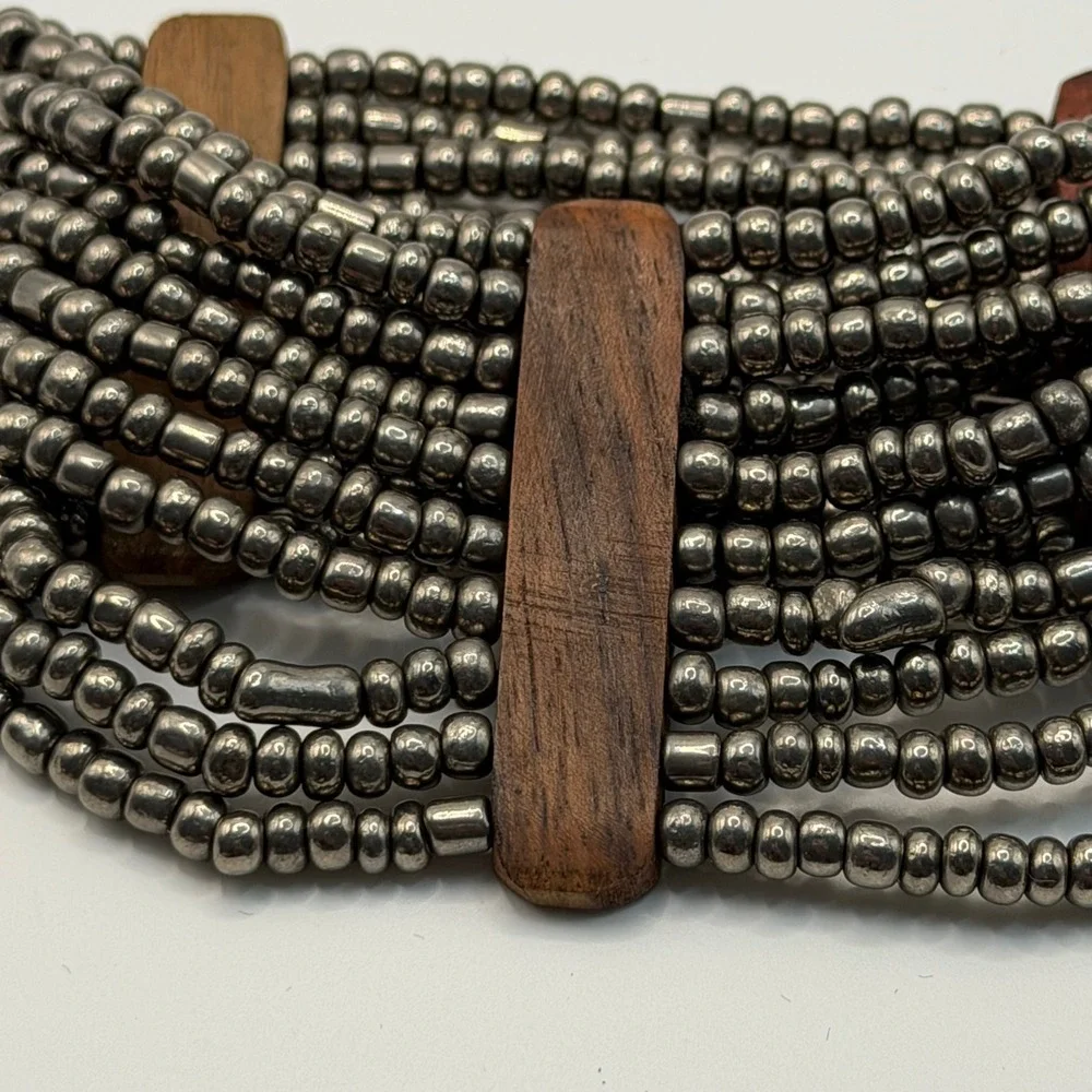 Silver Tone Multi Strand Beaded Wood Stretch Bracelet Boho Artisan Festival